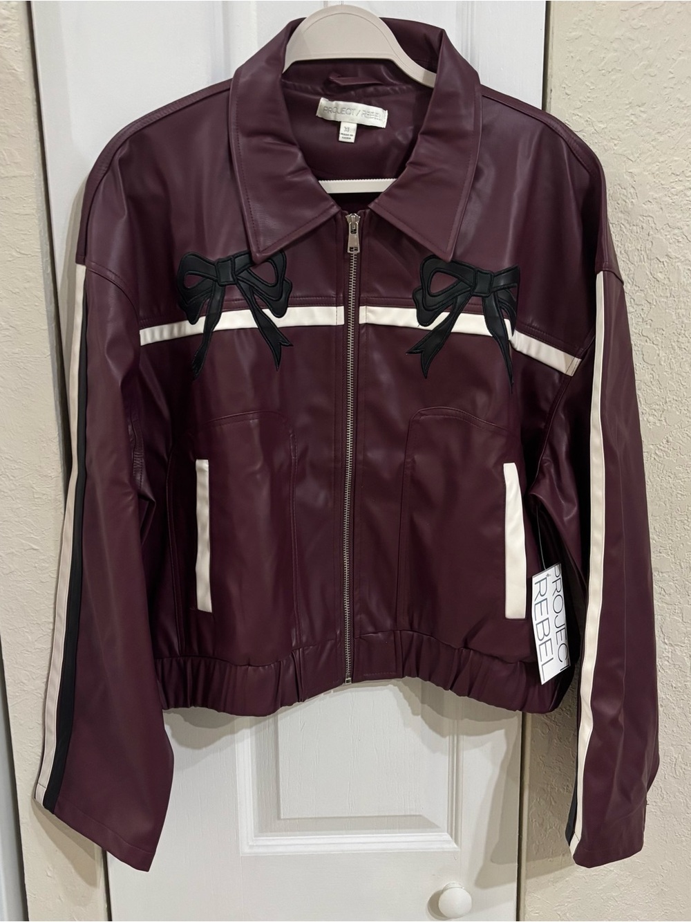 Project Rebel Faux Leather Striped Bow Jacket